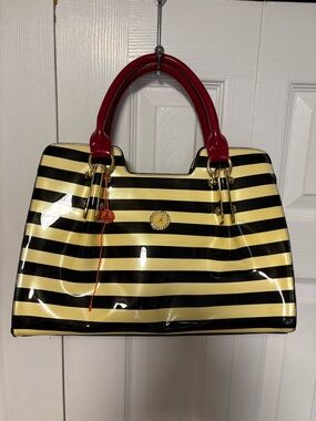 Striking Black & Cream Patent Satchel with Dark Red Handles